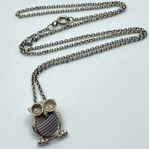STERLING & 835 Silver & Agate Baby Owl Pendant on 925 Chain 18” + .6” Pendant